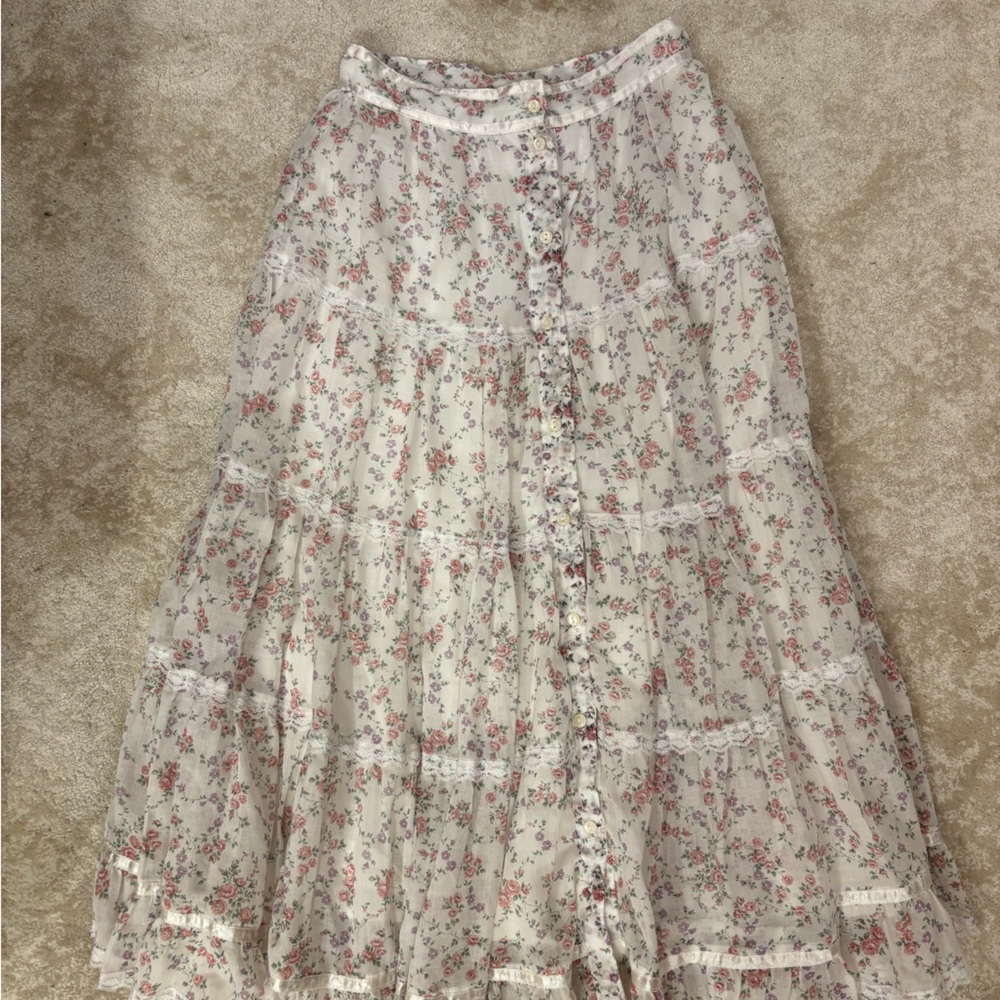 Gunne Sax White Floral Tiered Midi Skirt with Pink & Green Print